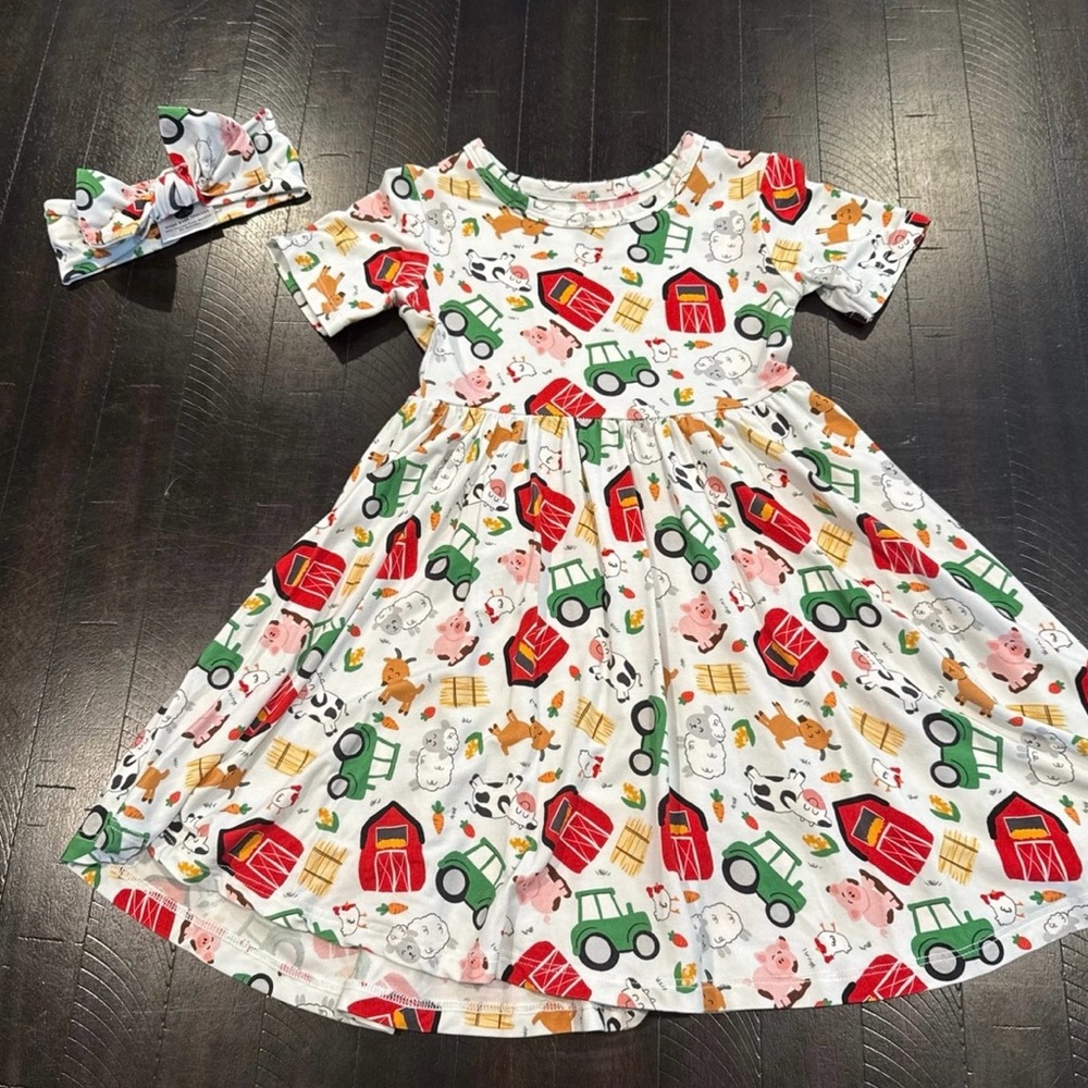 River Babe Threads Bamboo Farm Themed Size 2T Dress with matching headband